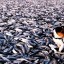 Washed up: Molly the dog seen walking around the tonnes of dead herring that have mysteriously appeared on a beach at Kvaenes in Nordreisa, northern Norway