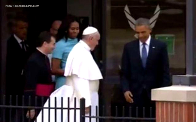PERFECTLY TIMED PHOTO SHOWS OBAMA WITH HORNS ESCORTING POPE FRANCIS TODAY