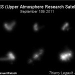 Tumbling to Earth: Images from Mr Legault's video show the 20-year-old Upper Atmosphere Research Satellite (UARS), appearing as a beaming mass of light