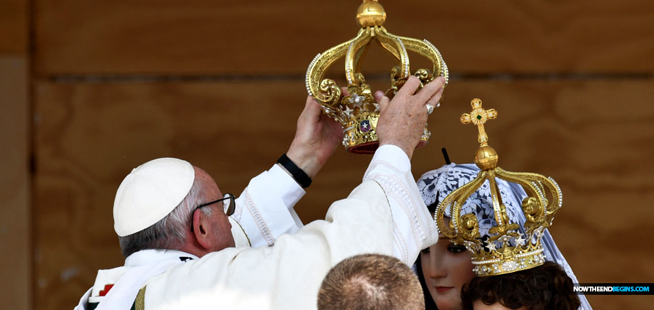 pope-francis-places-crown-virgin-mary-statue-chile-queen-heaven-idol-worship-now-end-begins