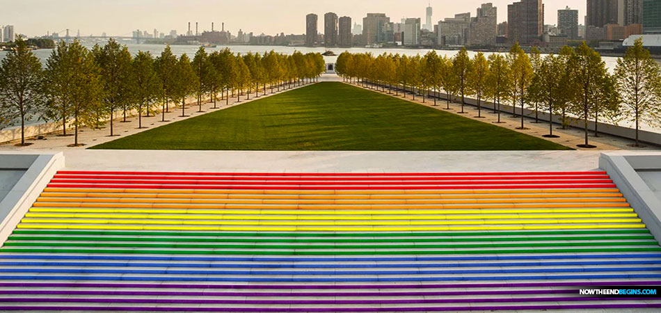 The massive Pride staircase at the Franklin D. Roosevelt Four Freedoms State Park is the largest the city has ever seen.