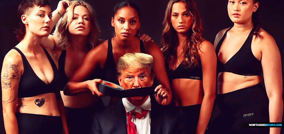 Another image on Dhvani’s Twitter feed feature Mr. Trump surrounded by five women while one of his captors holds duct tape in front of his mouth.