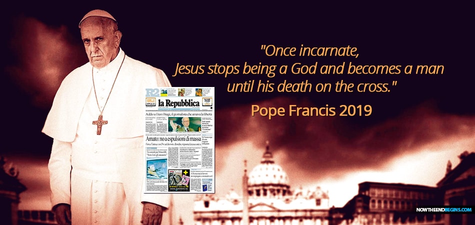 In the latest edition of La Repubblica, Pope Francis’ longtime atheist friend and interviewer, Eugenio Scalfari, claims that the Pope told him that once Jesus Christ became incarnate, he was a man, a “man of exceptional virtues” but “not at all a God.”