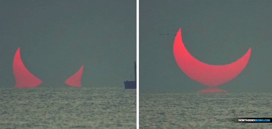 THESE incredible images appear to show giant devil horns rising over the Persian Gulf during a solar eclipse.