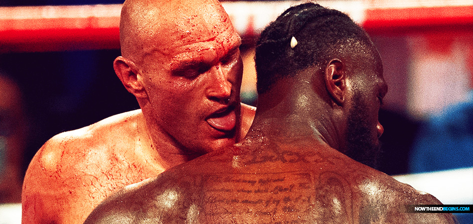 Tyson Fury licks blood off Deontay Wilder's neck during WBC heavyweight boxing championship win Saturday night.