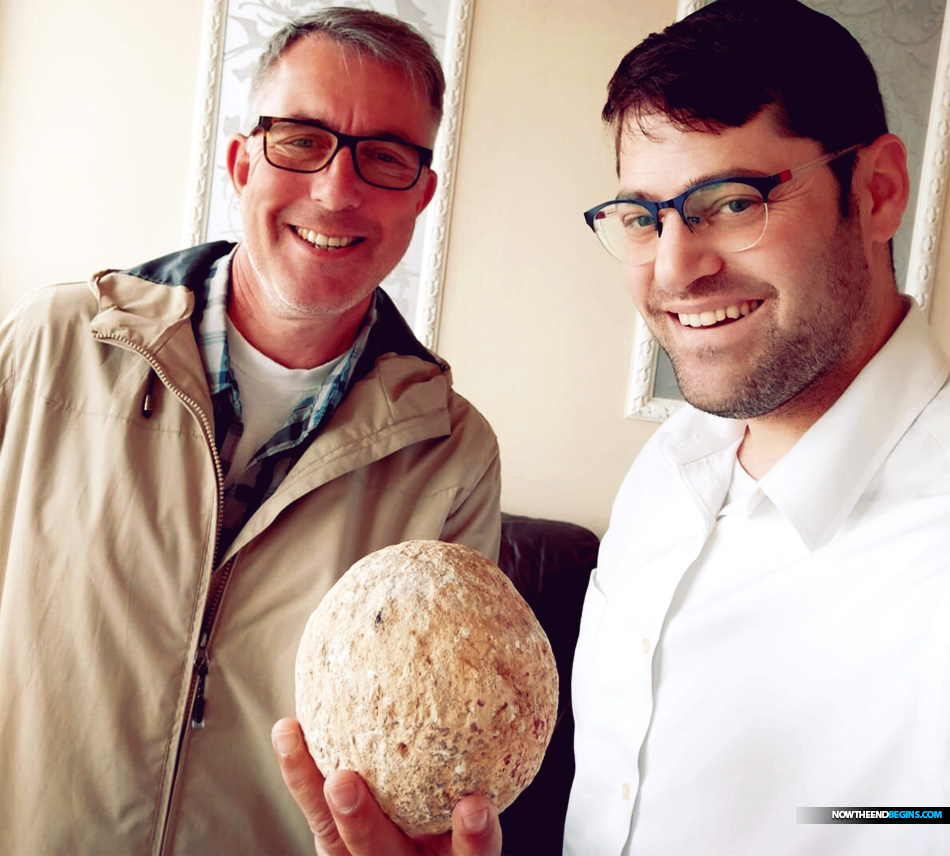 Uzi Rotstein of the Israel Antiquities Authority, left, with Moshe Manies and with the returned ballista stone.