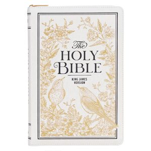 White and Gold Faux Leather Large Print Thinline King James Version Bible with Zippered Closure and Thumb Index