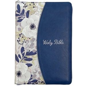 Blue Pearlized Floral Faux Leather Large Print Thinline KJV Bible with Zippered Closure and Thumb Index