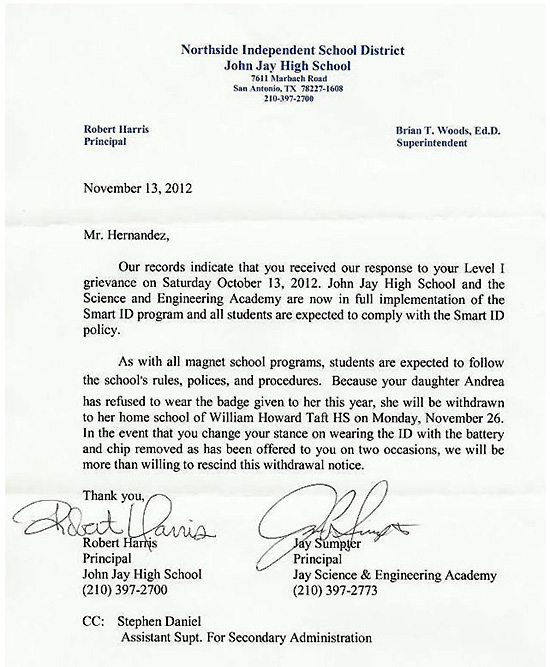 letter-from-john-jay-high-school-withdrawing-andrea-hernandez-for-not-wearing-rfid-tracking-device-id-badge